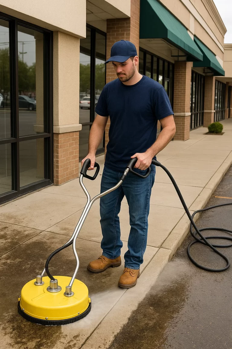 A man in a navy colored shirt and hat operates a surface cleaner on the sidewalk of a strip mall